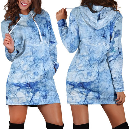 Ice Blue Marble Print Hoodie Dress GearFrost