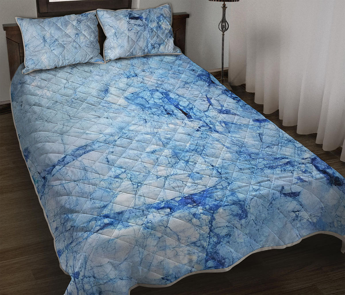 Ice Blue Marble Print Quilt Bed Set