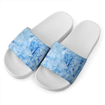 Ice Blue Marble Print White Slide Sandals