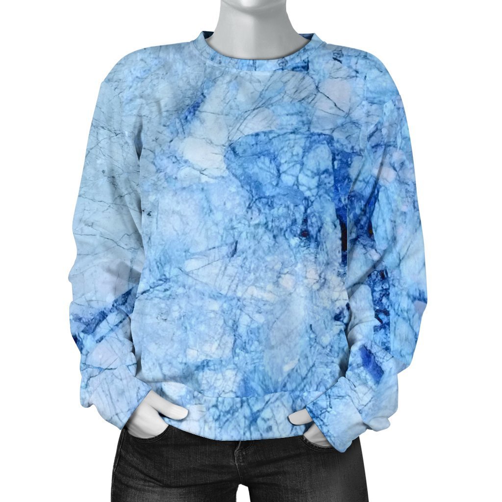 Ice Blue Marble Print Women's Crewneck Sweatshirt GearFrost