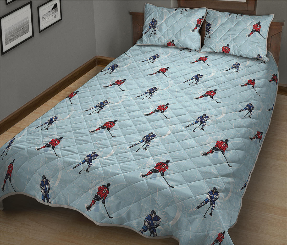 Ice Hockey Players Pattern Print Quilt Bed Set