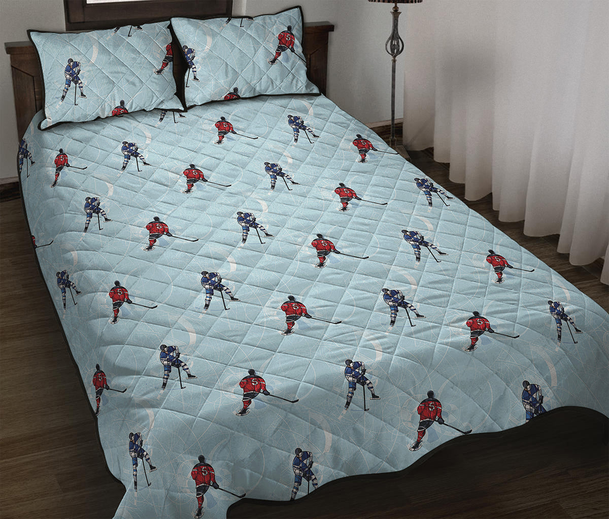 Ice Hockey Players Pattern Print Quilt Bed Set