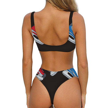 Ice Hockey Skates Print Front Bow Tie Bikini