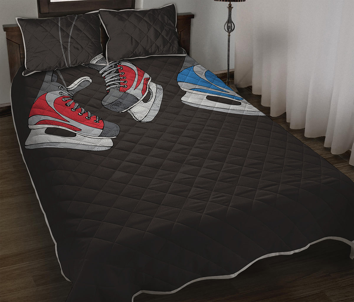 Ice Hockey Skates Print Quilt Bed Set