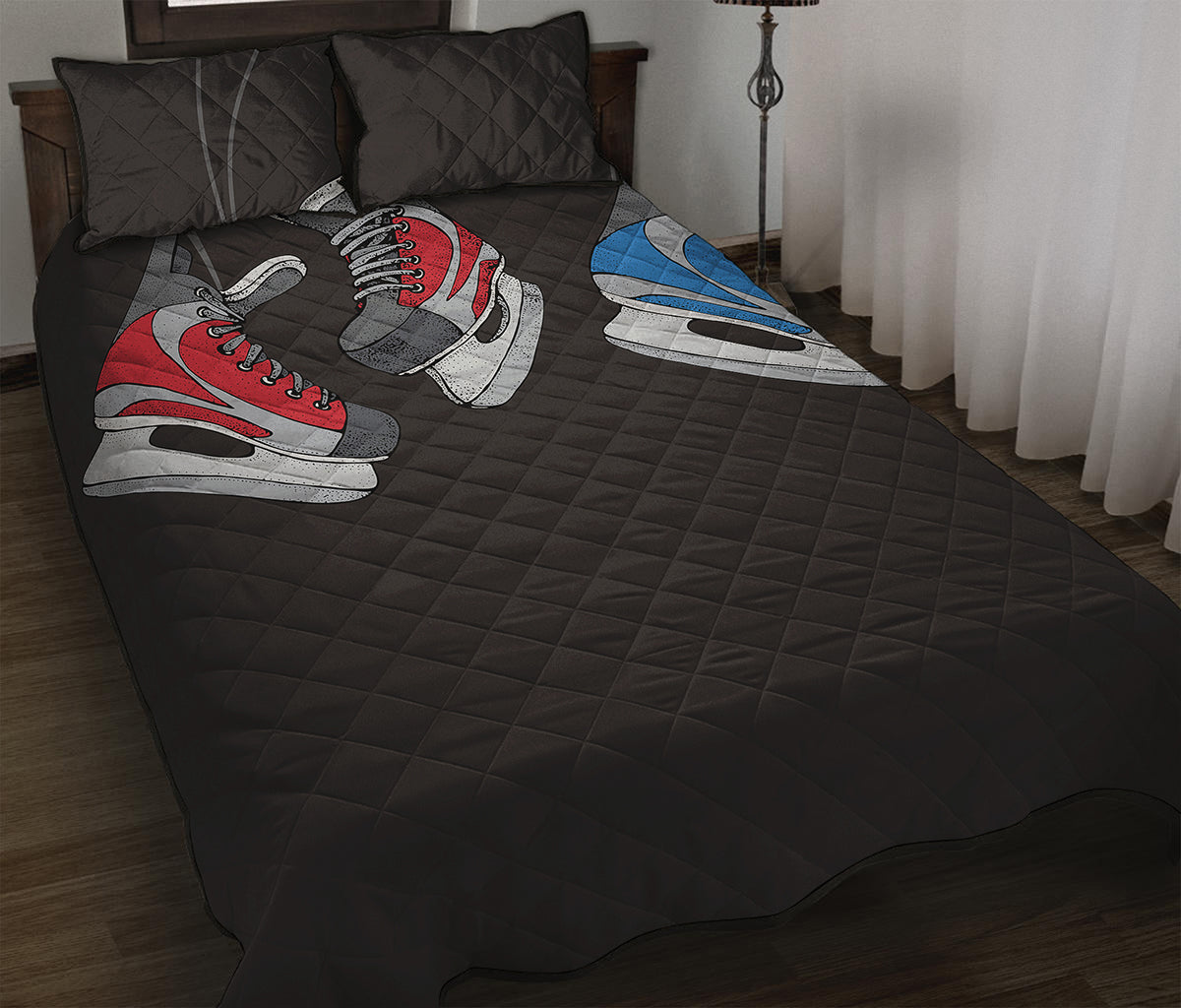 Ice Hockey Skates Print Quilt Bed Set