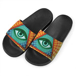Illuminati Eye of Providence Print Black Slide Sandals
