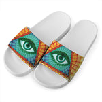 Illuminati Eye of Providence Print White Slide Sandals