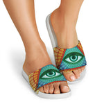 Illuminati Eye of Providence Print White Slide Sandals