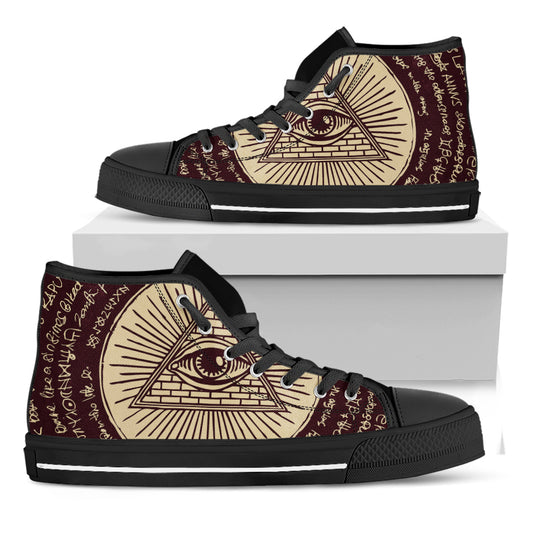 Illuminati Eye of Providence Symbol Print Black High Top Shoes
