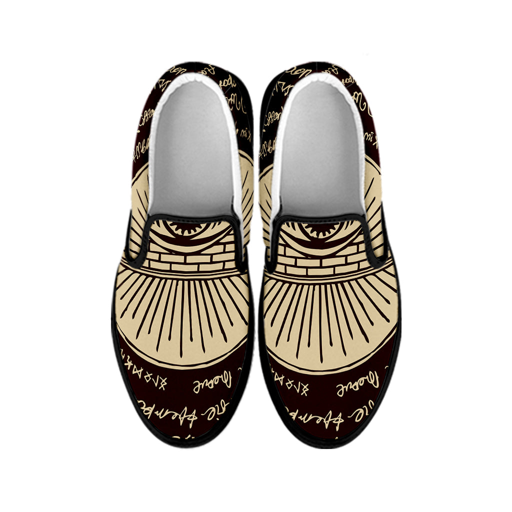 Illuminati Eye of Providence Symbol Print Black Slip On Shoes