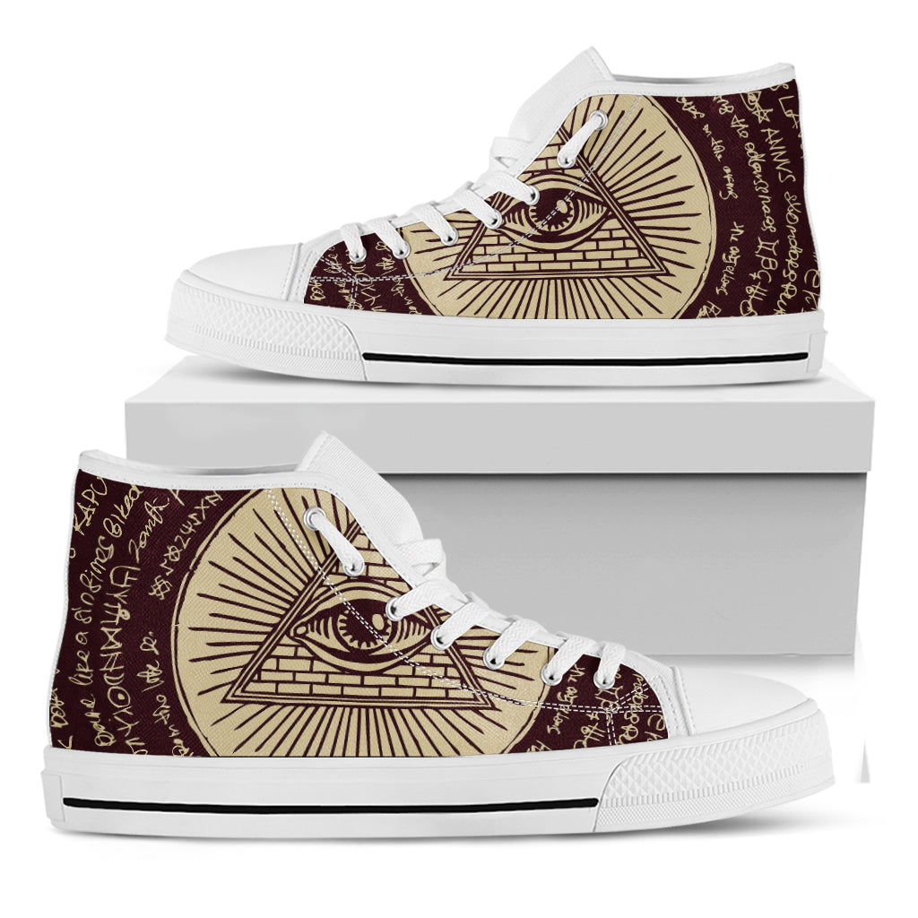 Illuminati Eye of Providence Symbol Print White High Top Shoes