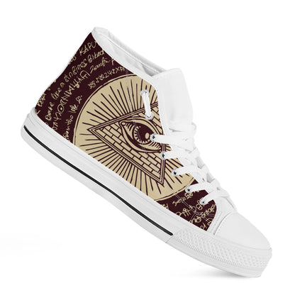 Illuminati Eye of Providence Symbol Print White High Top Shoes