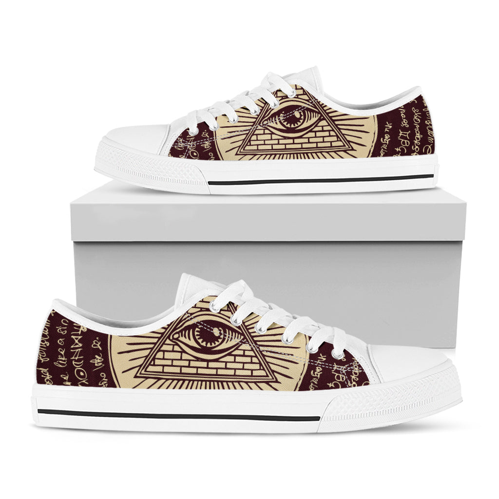 Illuminati Eye of Providence Symbol Print White Low Top Shoes