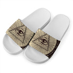 Illuminati Eye of Providence Symbol Print White Slide Sandals