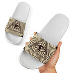 Illuminati Eye of Providence Symbol Print White Slide Sandals