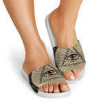 Illuminati Eye of Providence Symbol Print White Slide Sandals