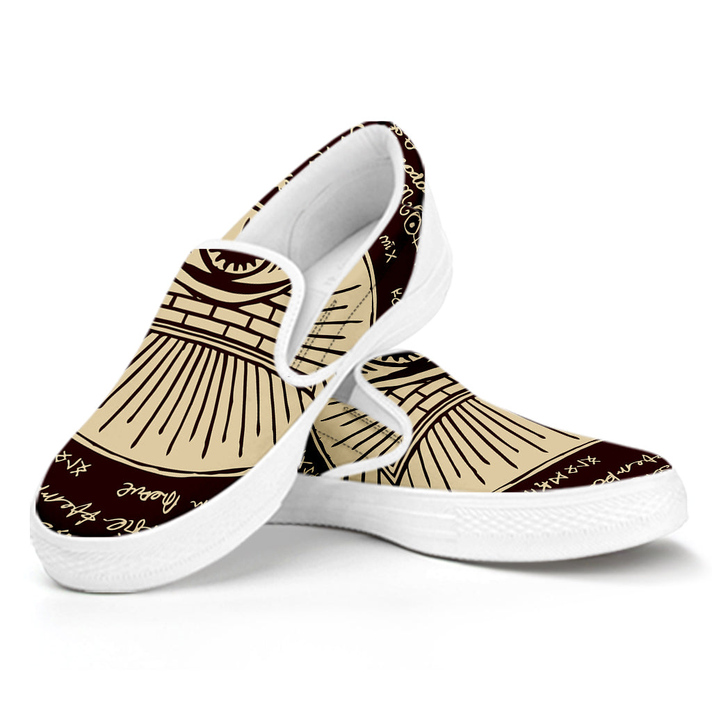 Illuminati Eye of Providence Symbol Print White Slip On Shoes