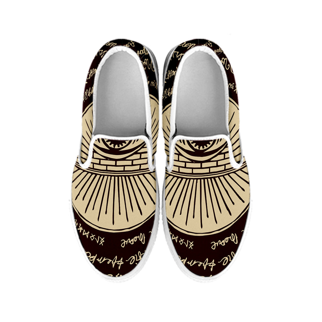 Illuminati Eye of Providence Symbol Print White Slip On Shoes