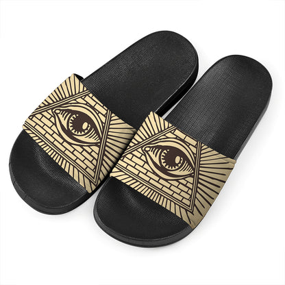 Illuminati Eye Print Black Slide Sandals