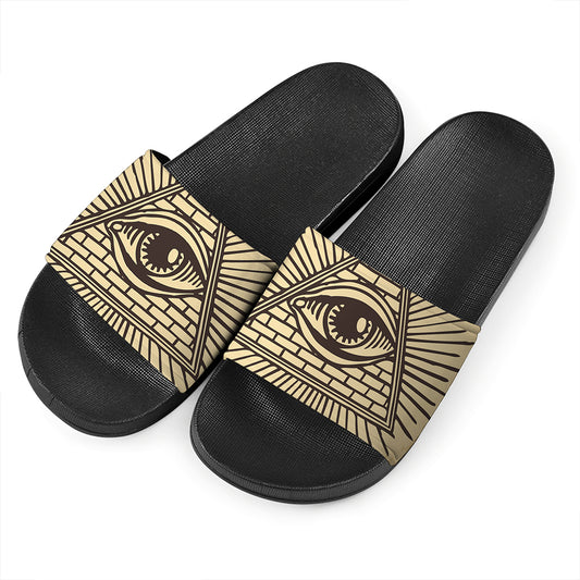 Illuminati Eye Print Black Slide Sandals