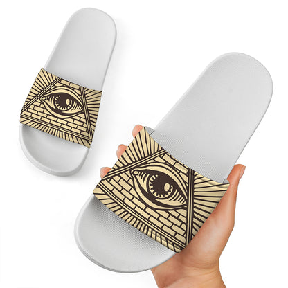 Illuminati Eye Print White Slide Sandals
