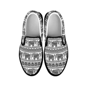 Indian Bohemian Elephant Pattern Print Black Slip On Shoes