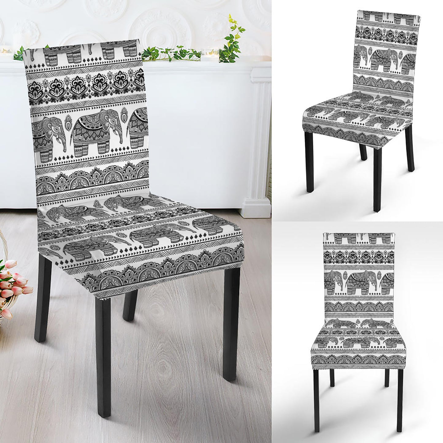Indian Bohemian Elephant Pattern Print Dining Chair Slipcover