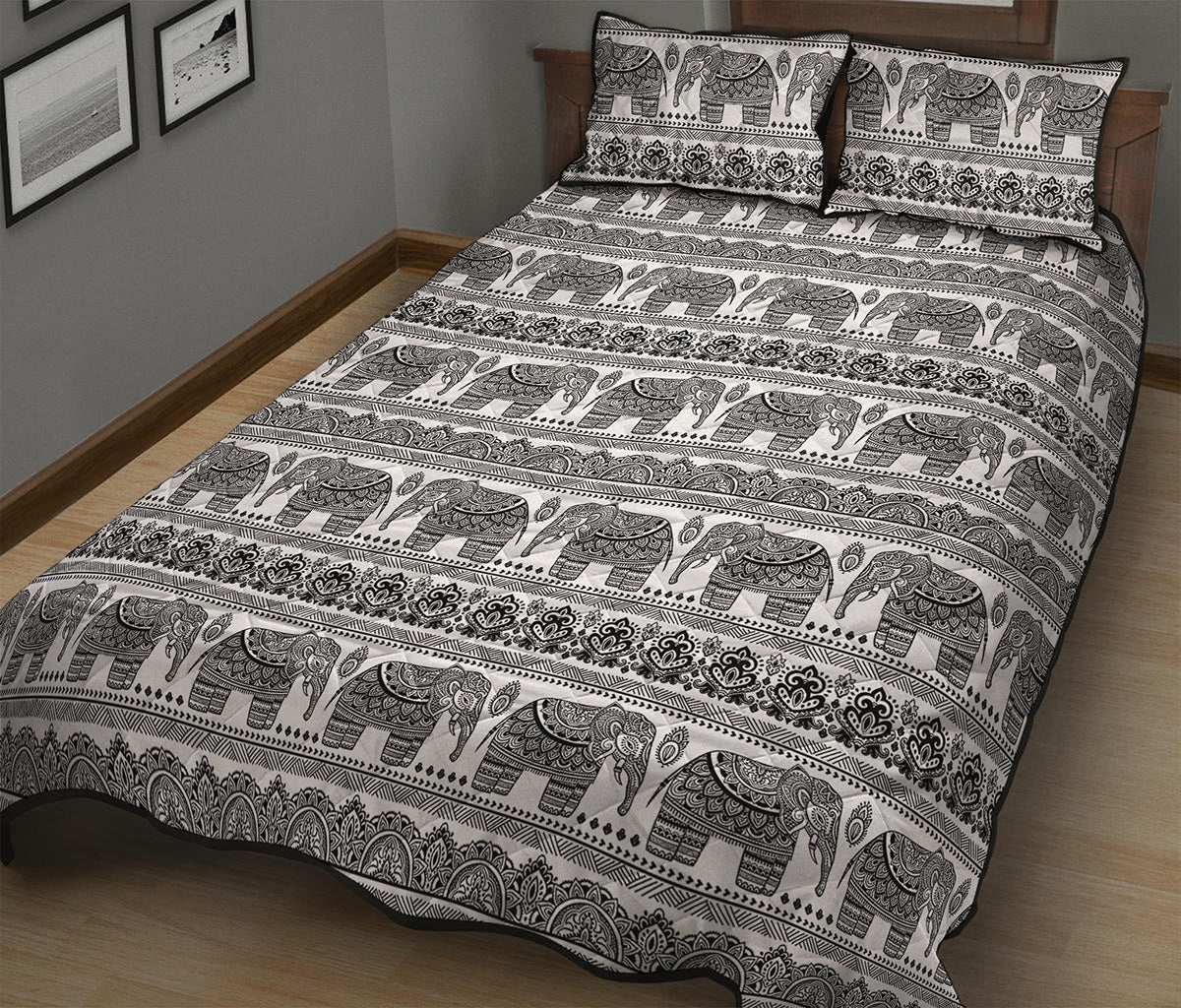 Indian Bohemian Elephant Pattern Print Quilt Bed Set