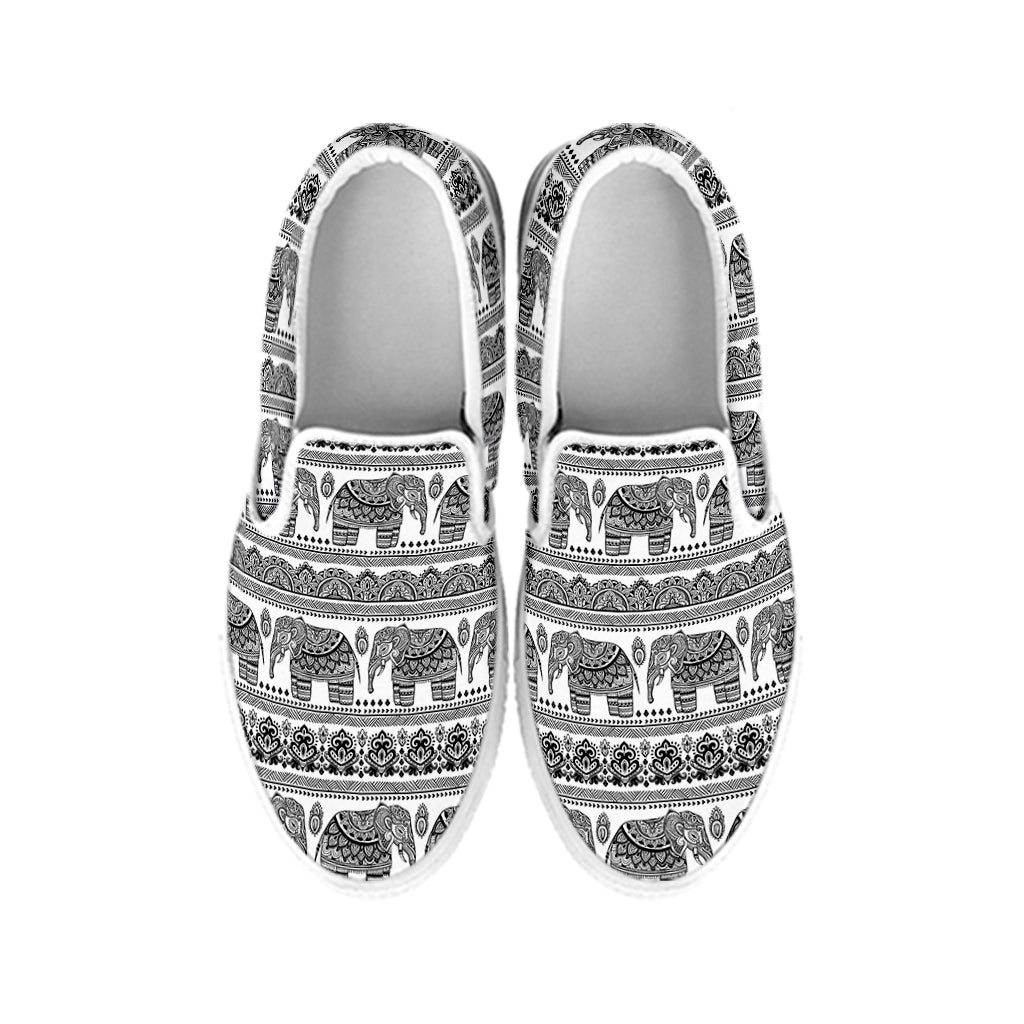 Indian Bohemian Elephant Pattern Print White Slip On Shoes