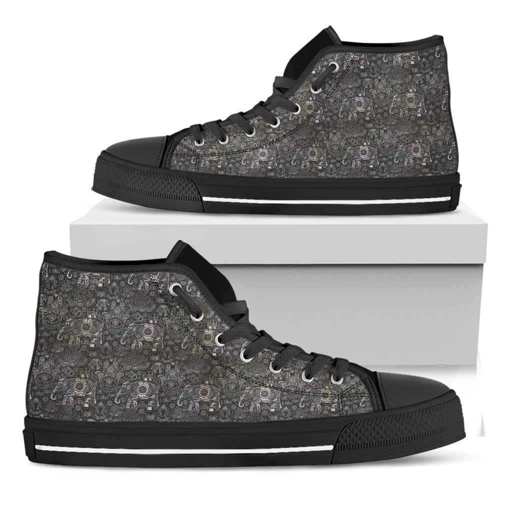 Indian Boho Elephant Pattern Print Black High Top Shoes