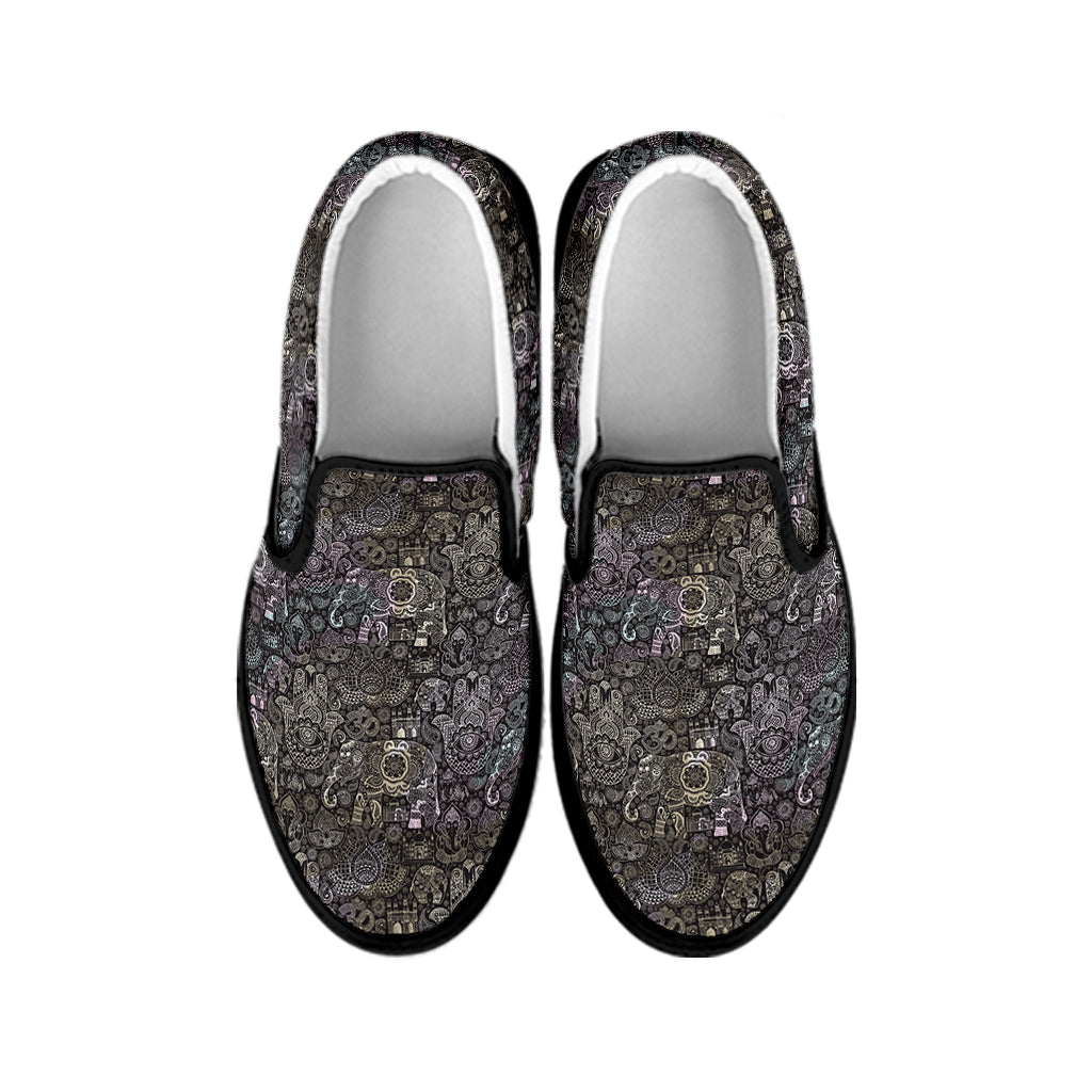 Indian Boho Elephant Pattern Print Black Slip On Shoes