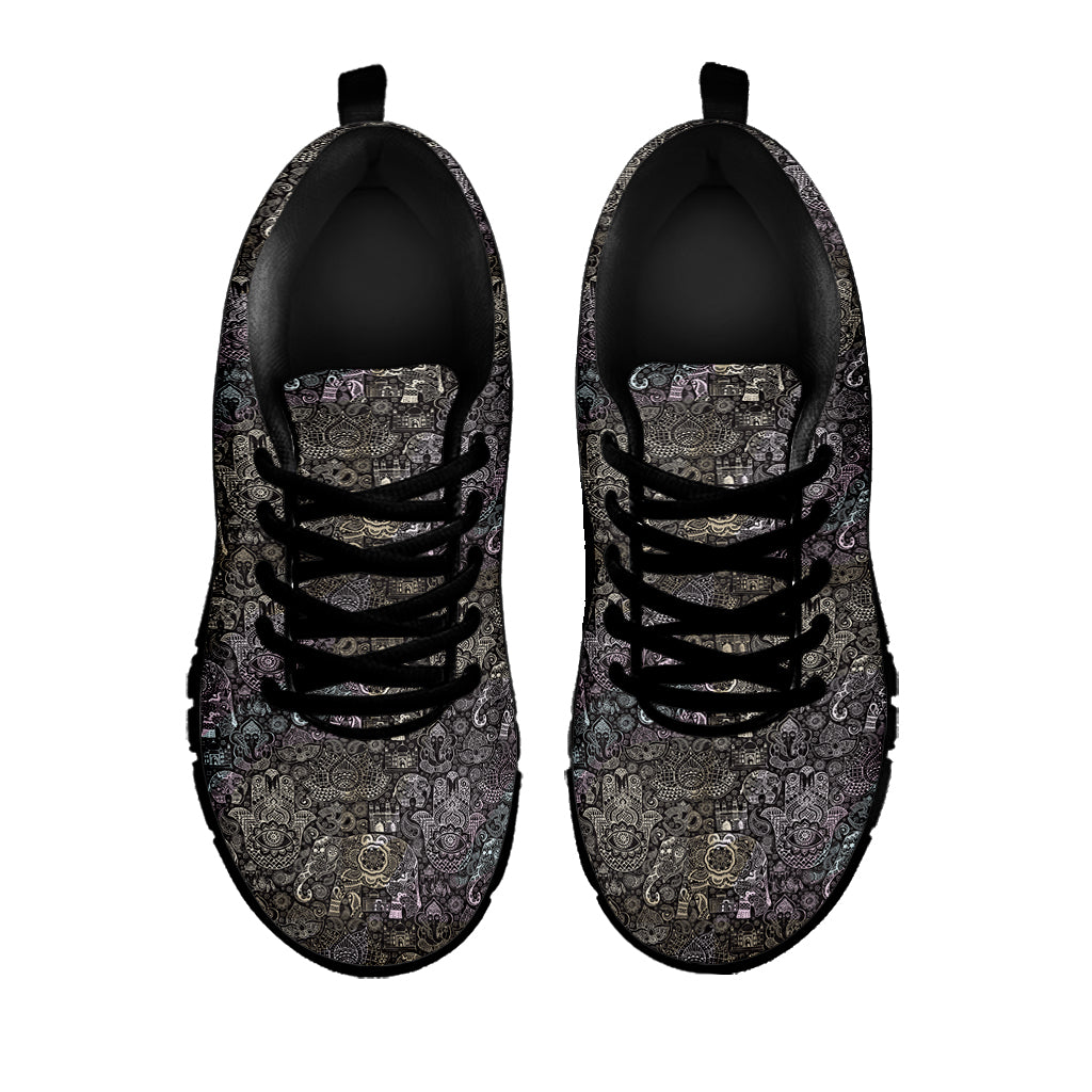 Indian Boho Elephant Pattern Print Black Sneakers