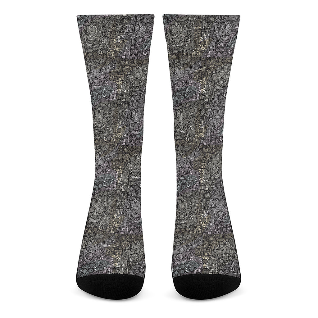 Indian Boho Elephant Pattern Print Crew Socks