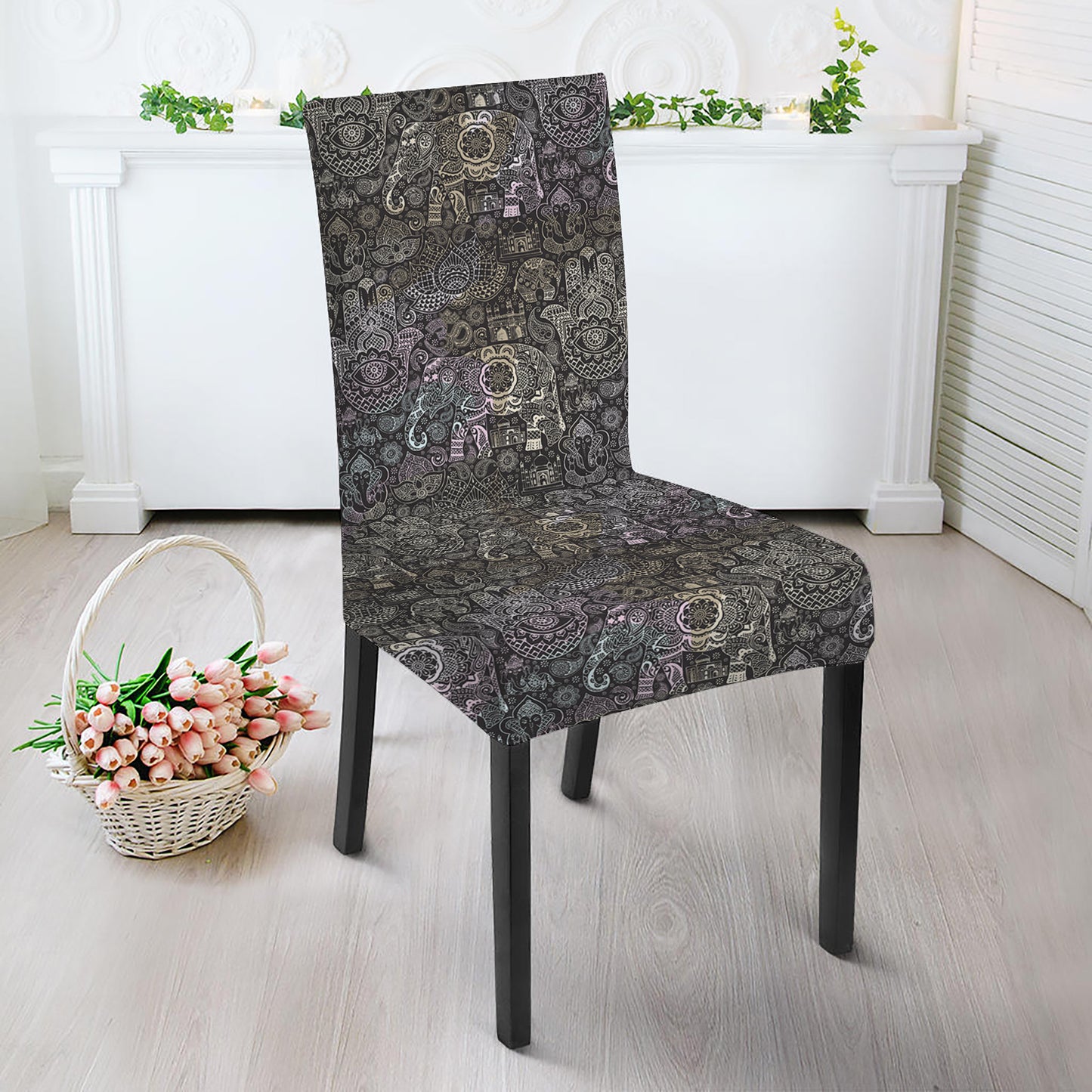 Indian Boho Elephant Pattern Print Dining Chair Slipcover