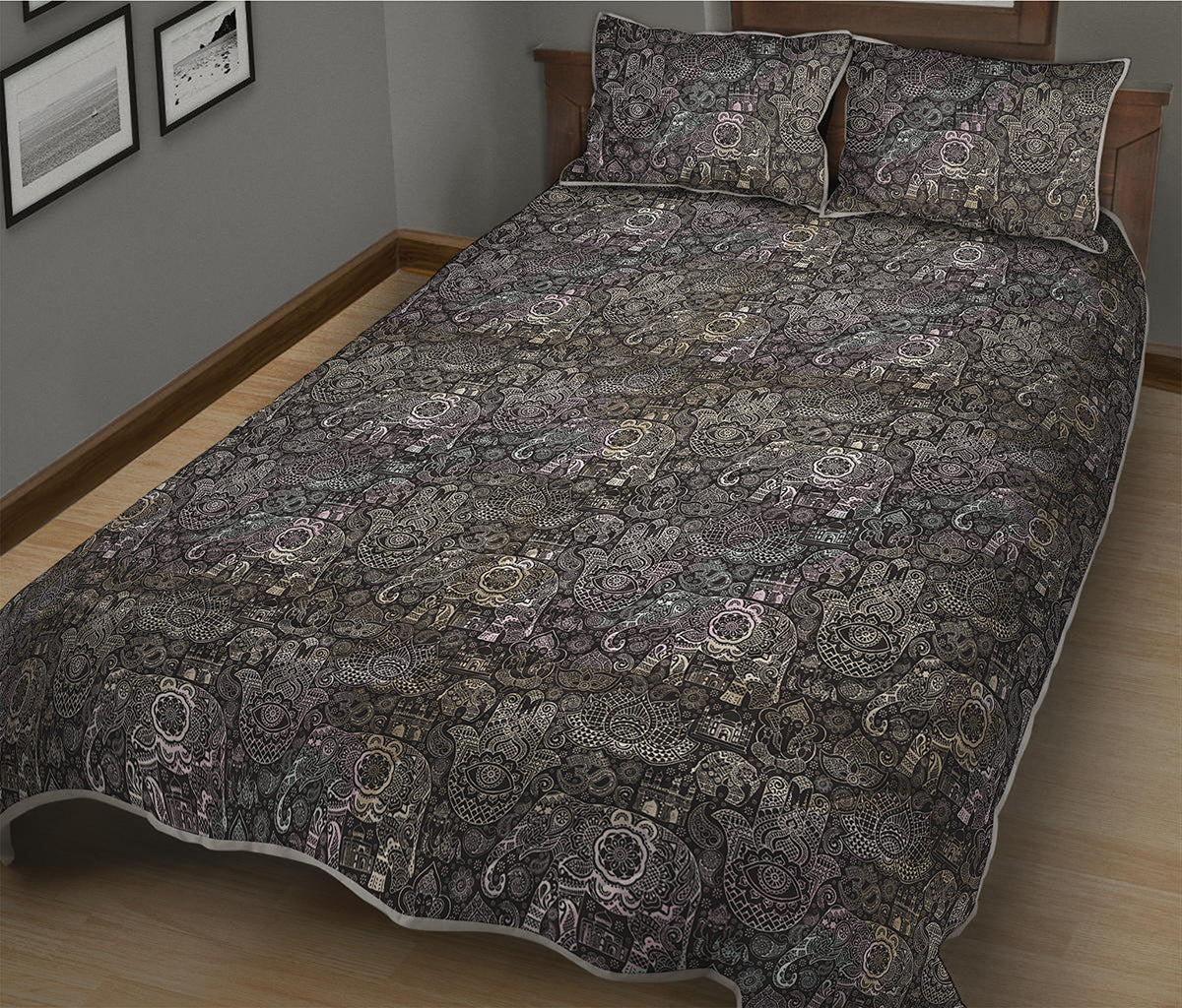 Indian Boho Elephant Pattern Print Quilt Bed Set