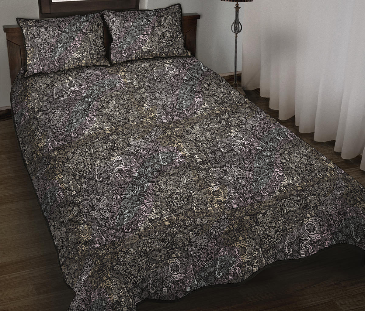 Indian Boho Elephant Pattern Print Quilt Bed Set