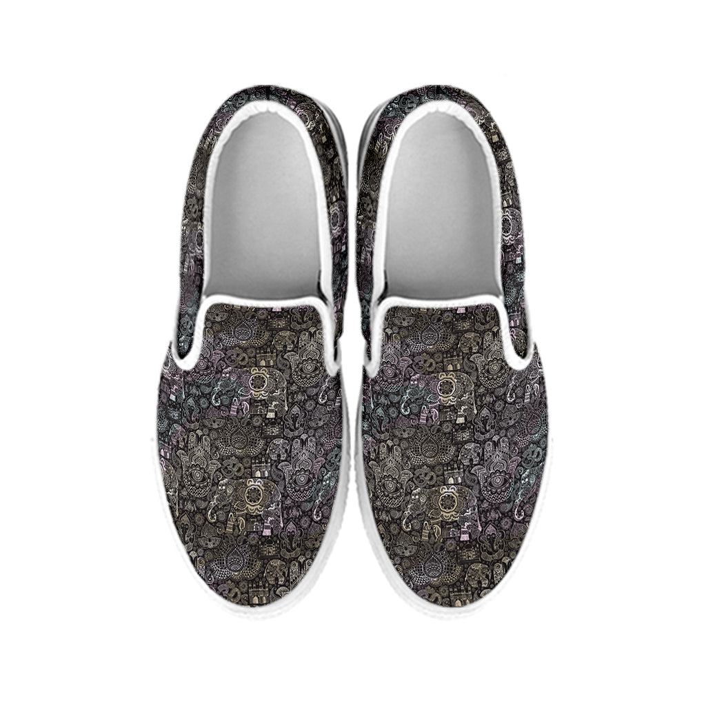 Indian Boho Elephant Pattern Print White Slip On Shoes