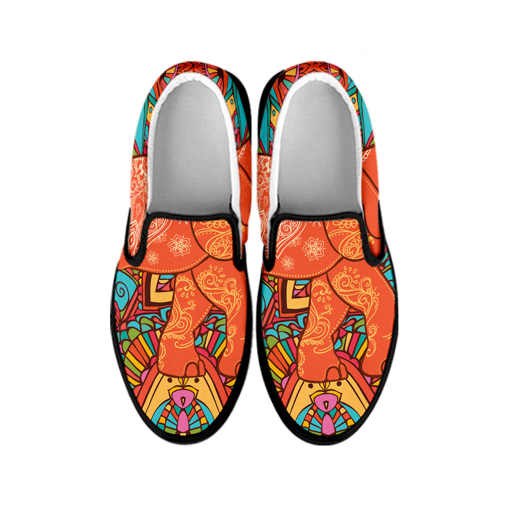 Indian Boho Hippie Elephant Print Black Slip On Shoes
