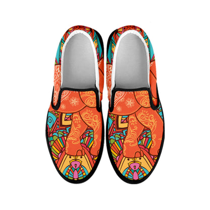 Indian Boho Hippie Elephant Print Black Slip On Shoes