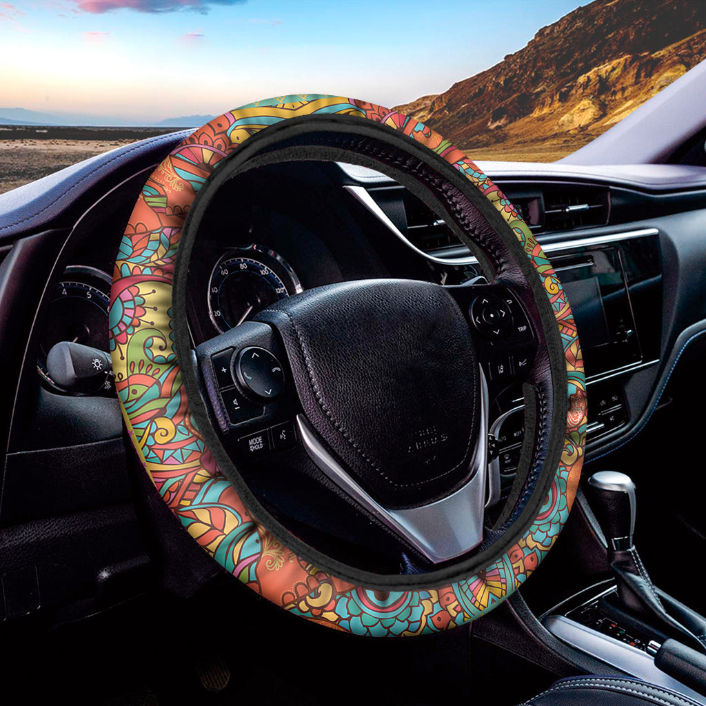 Indian Boho Hippie Elephant Print Car Steering Wheel Cover