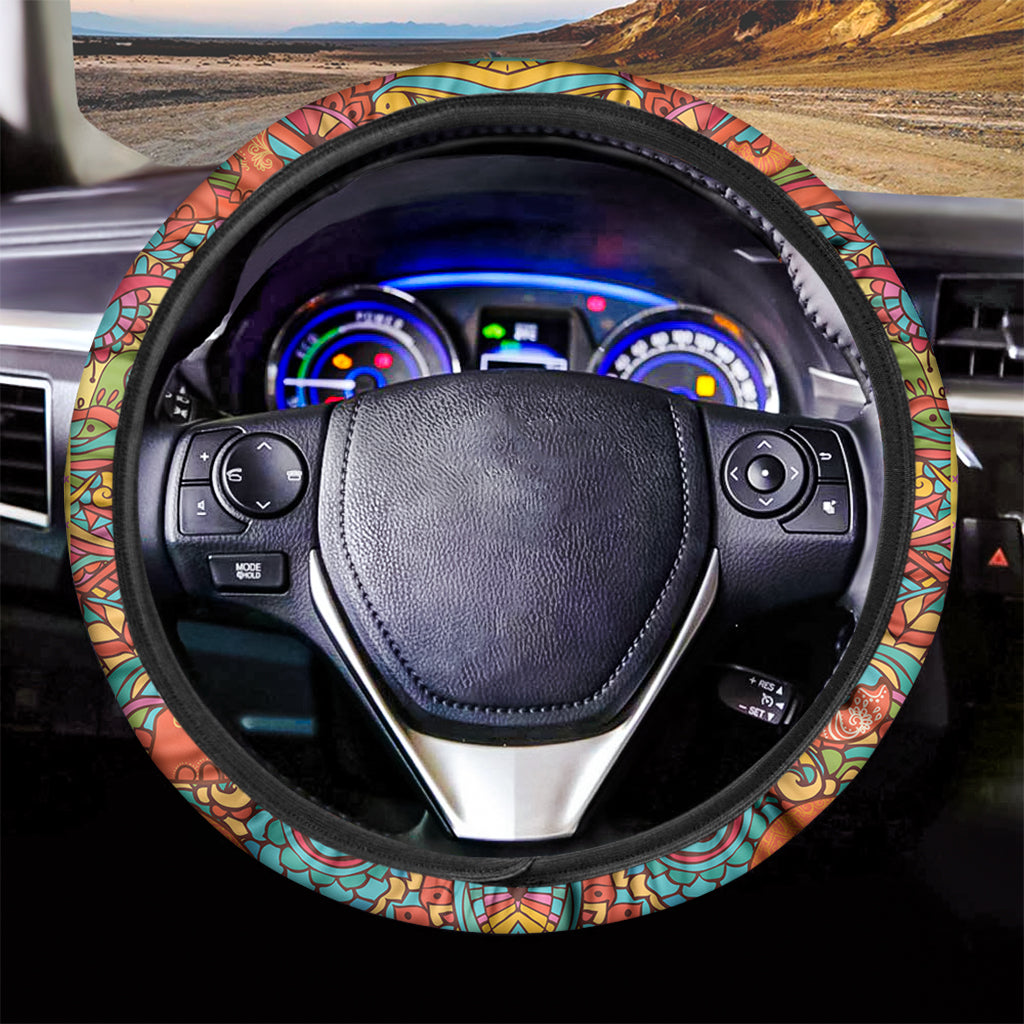 Indian Boho Hippie Elephant Print Car Steering Wheel Cover