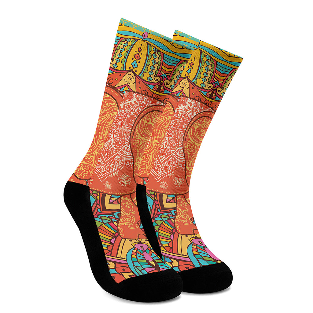 Indian Boho Hippie Elephant Print Crew Socks