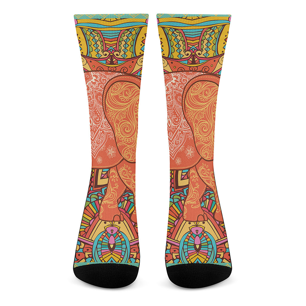 Indian Boho Hippie Elephant Print Crew Socks