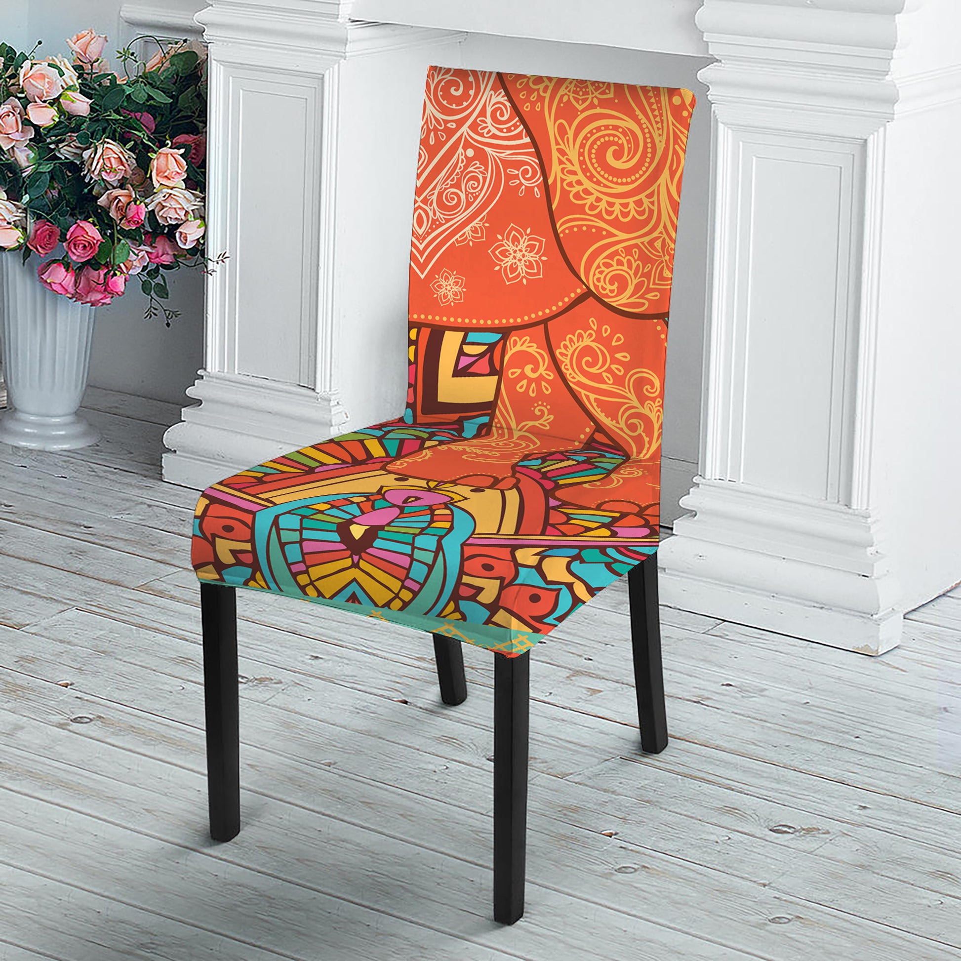 Indian Boho Hippie Elephant Print Dining Chair Slipcover