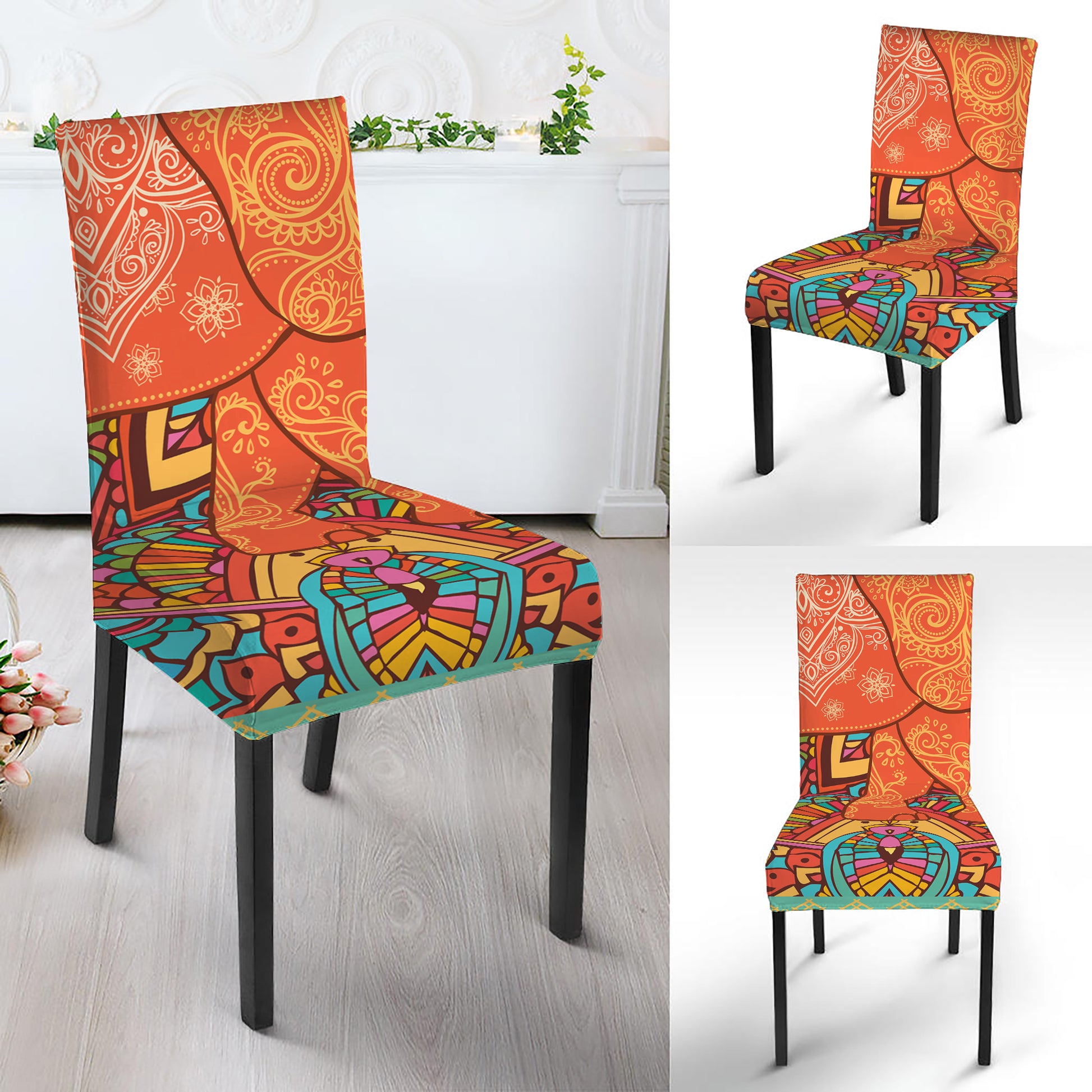 Indian Boho Hippie Elephant Print Dining Chair Slipcover