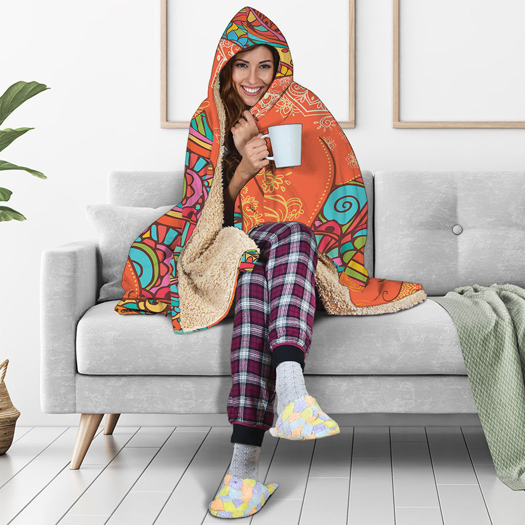 Indian Boho Hippie Elephant Print Hooded Blanket