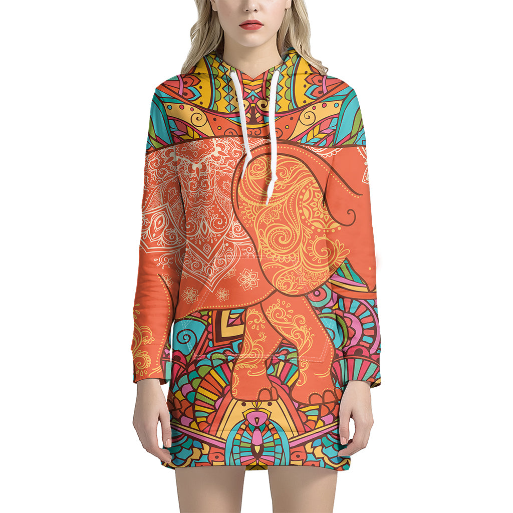 Indian Boho Hippie Elephant Print Pullover Hoodie Dress