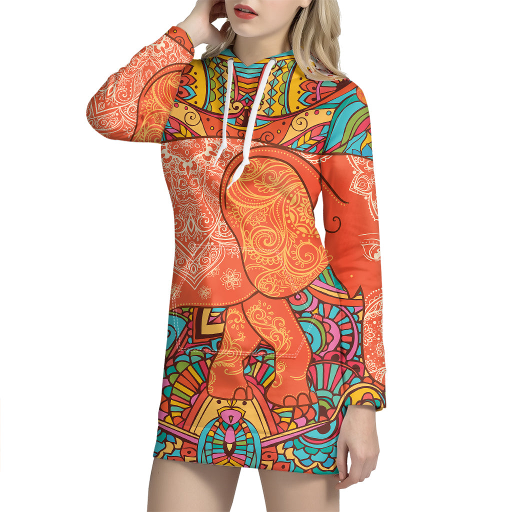 Indian Boho Hippie Elephant Print Pullover Hoodie Dress