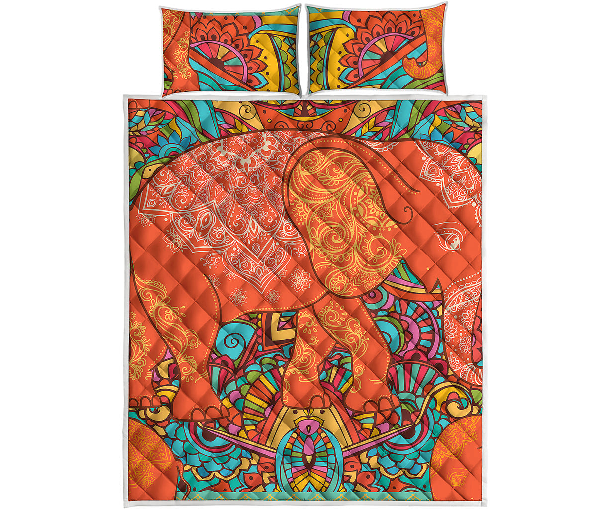 Indian Boho Hippie Elephant Print Quilt Bed Set