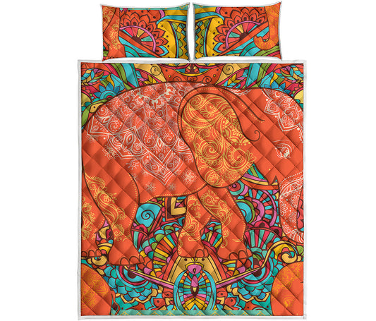Indian Boho Hippie Elephant Print Quilt Bed Set